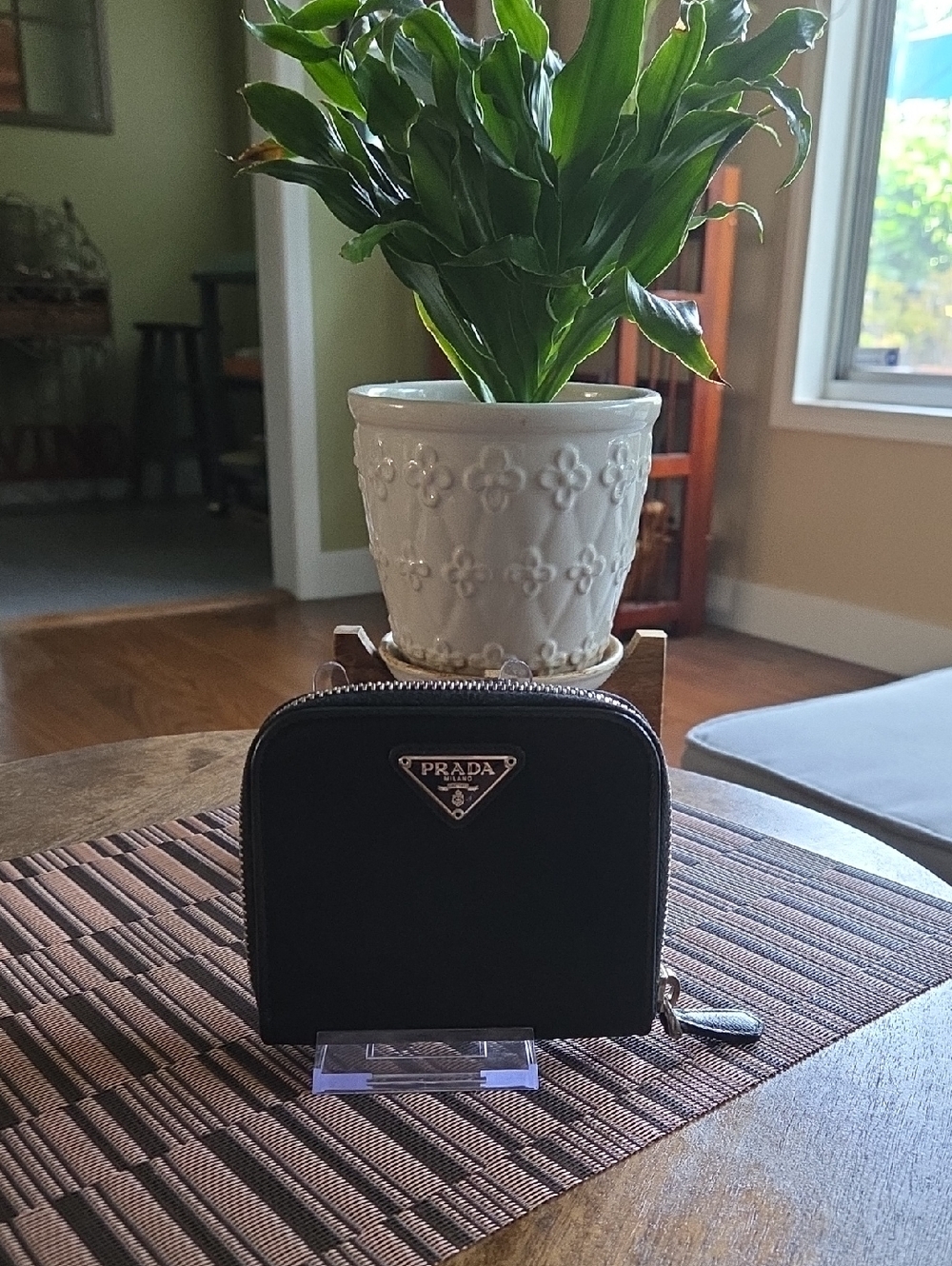 Authentic Prada Black Nylon Compact Zip Wallet with Silver Logo